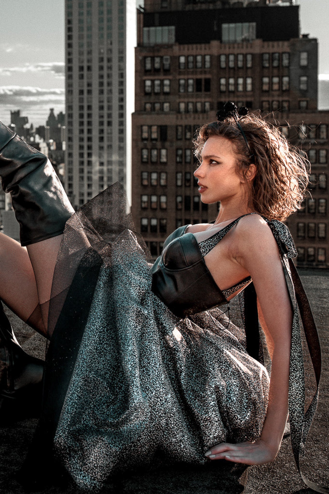 Adelynne Midi Black Leather Bustier Dress in Silver and Gold 4
